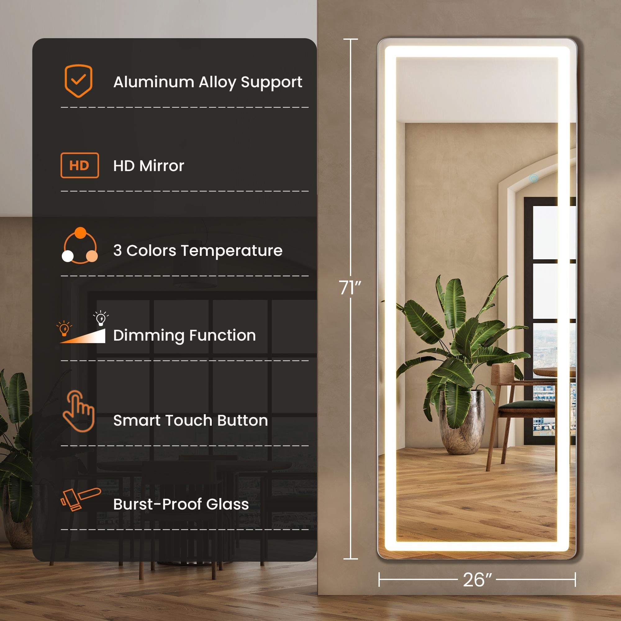 LED Lighted Floor Standing Mirror with Stand - Rectangle