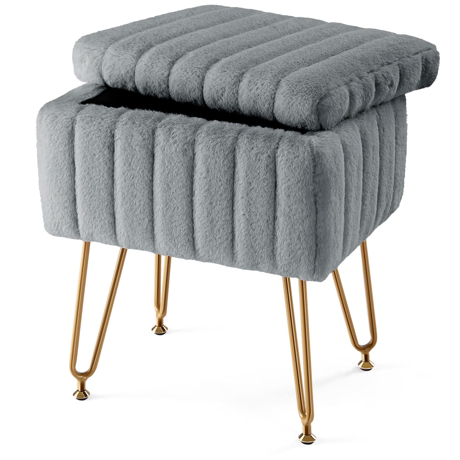 Grey Modern Upholstered Storage Vanity Stool with Gold Legs - Luma Stool